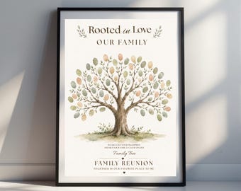 Albero genealogico stampabile "Radicato nell'amore", poster per attività di riunione di famiglia con impronte digitali, 250 America, modello Canva modificabile