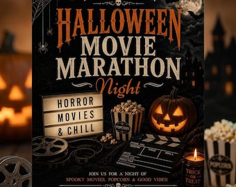 Halloween Movie Night Invitation, Spooky Halloween Horror Movie Watch Party Invite Digital Download