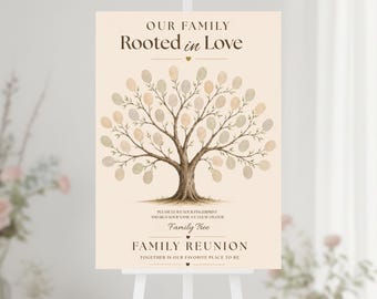Albero radicato nell'amore, Albero genealogico con impronte digitali, Riunione di famiglia, Poster delle attività per la riunione di famiglia, 250 America, Modello Canva modificabile