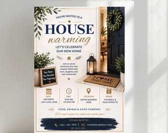 Invito digitale per la festa di inaugurazione della casa, festa per la prima casa nuova, invito moderno e lussuoso per l'inaugurazione della casa, modello Canva modificabile, bianco e beige.