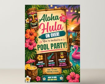 Invito di compleanno per festa in piscina Aloha Hula On Over con fenicottero, tiki, Hawaii, per ragazze, rosa e arancione, compleanno in piscina, modello digitale Canva