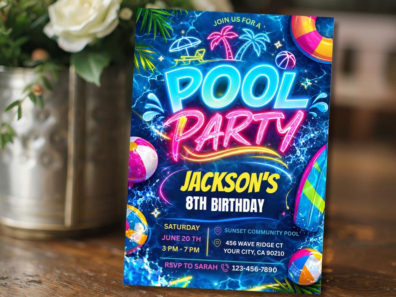 A neon blue and pink pool party invitation with glow-in-the-dark text, palm trees, and pool floats, standing upright next to a vase of white flowers.