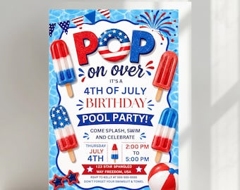Faire-part d'anniversaire modifiable le 4 juillet à la piscine, rouge blanc bleu, popsicles de fête patriotique, inviter le jour de l'indépendance