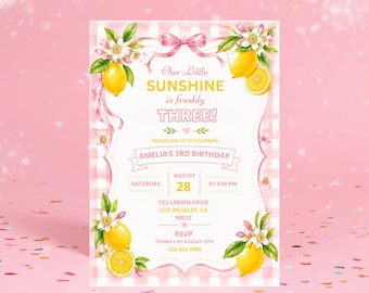 Freshly Any Age Birthday Invitation Pink Daisy Theme Third Birthday Party Invite Lemon Summer Girl Pink Stripes Printable Template
