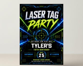 Laser Tag Birthday Party Invitation, Glow Laser Party Invite, Arcade Birthday Invite Neon Green Blue Boy Girl Editable Canva Template Evite