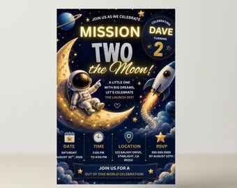Invito per il secondo compleanno a tema "Two The Moon", festa a tema spaziale "Out Of This World Rocket Ship", invito per il secondo compleanno a tema astronauta galattico in nero, oro e neon.
