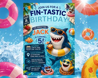 Invito di compleanno a tema squalo, invito di compleanno per festa in piscina a tema squalo, invito per festa per bambini a tema oceano "Sotto il mare", modificabile su Canva