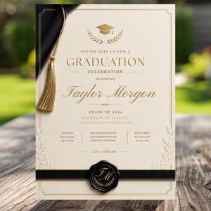 以下が含まれることがあります： 卒業祝いの招待状。金と黒のアクセントが特徴です。「Graduation Celebration」と「Taylor Morgon」の文字が記載されています。黒いリボンと金のタッセルがエレガントさを添えています。2026年卒業の招待状です。
