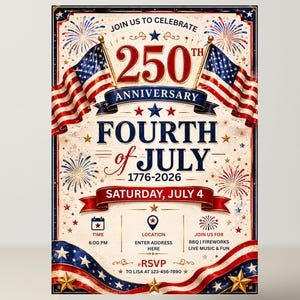 Peut inclure: Invitation de style vintage pour le 250e anniversaire du 4 juillet, avec des drapeaux am&eacute;ricains, des feux d'artifice et des couleurs patriotiques. L'invitation comprend les d&eacute;tails de l'&eacute;v&eacute;nement tels que l'heure, le lieu et les RSVP.