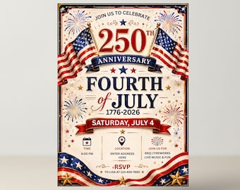 Invitation 250e anniversaire des États-Unis, États-Unis 1776-2026 Invitation fête patriotique du 4 juillet, fête de l'indépendance, drapeau américain, modifiable sur Canva