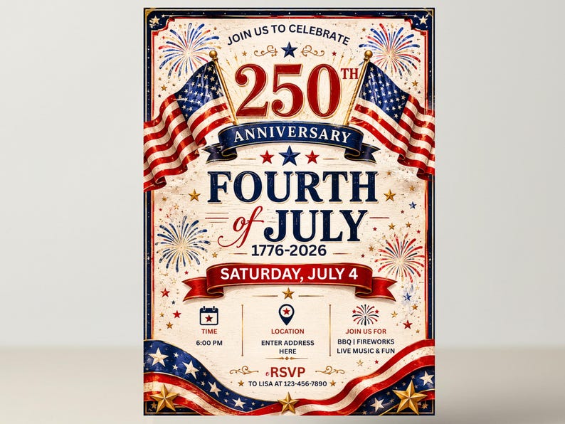 Peut inclure: Invitation de style vintage pour le 250e anniversaire du 4 juillet, avec des drapeaux am&eacute;ricains, des feux d'artifice et des couleurs patriotiques. L'invitation comprend les d&eacute;tails de l'&eacute;v&eacute;nement tels que l'heure, le lieu et les RSVP.