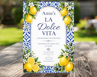 Amalfi Coast Birthday Invitation, Blue White Tile, Italian Lemon (Editable Canva Template)