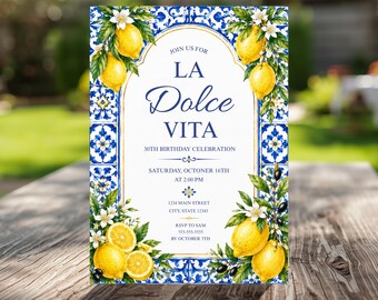 Amalfi Coast Birthday Invitation, Blue White Tile Party Invitation, Italian Lemon Birthday Invite, Editable Canva Template