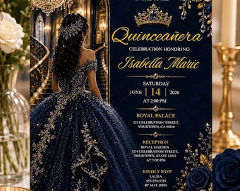 Invitación de Quinceañera bajo el tema de las estrellas azul marino real, plantilla elegante de oro, invitación dulce 15, Quinceañera Mis Quince Anos