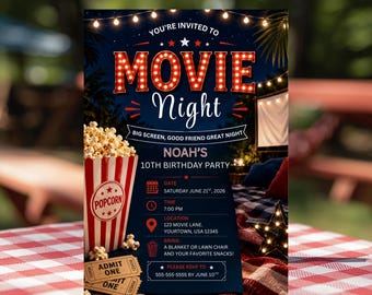 Invitación de cumpleaños para noche de cine con palomitas de maíz, invitación para fiesta de cine, invitación de cine, invitación de cumpleaños para noche de cine en el jardín, Canva editable