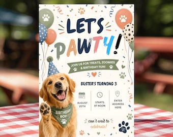 Compleanno del cane Golden Retriever, Let's Pawty, Compleanno del cane, Tema cane, Modello Canva stampabile con zampa (Maschio e femmina su bandana modificabile)