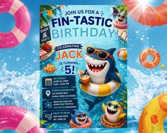 Shark Birthday Invitation, Fintastic Pool Party, Ocean Theme, Editable Canva (Digital Download)