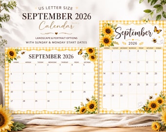 September 2026 Calendar | Sunflower Fall Calendar | Farmhouse Kitchen Decor | Yellow Gingham Fillable Printable Calendar | Instant Download