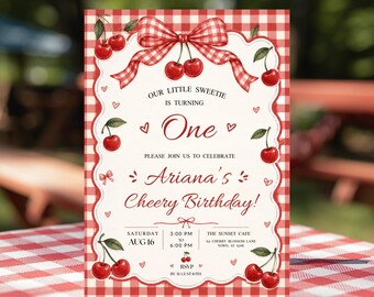 Cherry Birthday Invitation, Cherry First Birthday Party Invite, Berry First, Berry Theme Picnic Birthday