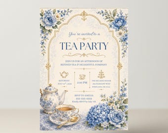 Invito per tea party floreale modificabile, modello digitale Canva, download 5x7