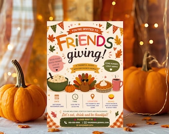 Friendsgiving Dinner Invitation, Thanksgiving Turkey Friends Family Dinner Invite Printable Template