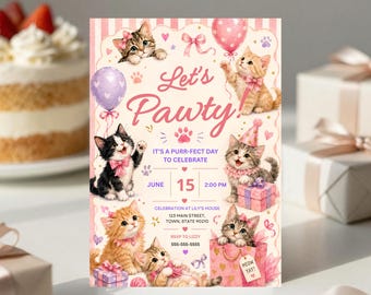 Invito di compleanno per gatti, Invito "Festa per gatti", Compleanno del gatto, Mamma di gatti, Papà di gatti, Invito per festa di animali domestici - Modello Canva 5x7 - Download digitale