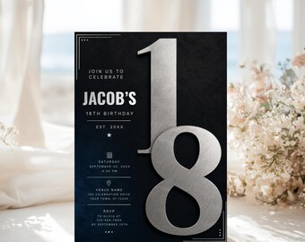 18th Birthday Boy Invitation, Turning 18 Party Invite, Blue Silver Chrome Neon Boy, Editable Template Digital Download