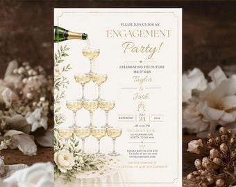 Invito per festa di fidanzamento con champagne color oro avorio, invito di fidanzamento, modello digitale modificabile su Canva (download)