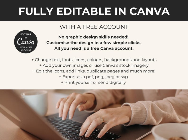 Peut inclure: Image promotionnelle pour Canva. Le texte indique "FULLY EDITABLE IN CANVA" et "WITH A FREE ACCOUNT". Il met en avant la personnalisation et les formats d'exportation. On voit les mains d'une personne utilisant un ordinateur portable, sugg&eacute;rant une utilisation facile.