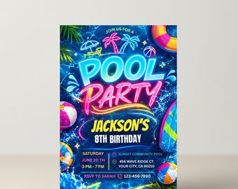 Invitación de cumpleaños editable para fiesta en la piscina, invitación de natación con brillo neón para niños, plantilla Canva para cumpleaños en la piscina en azul y verde, descarga digital. Evite Boy