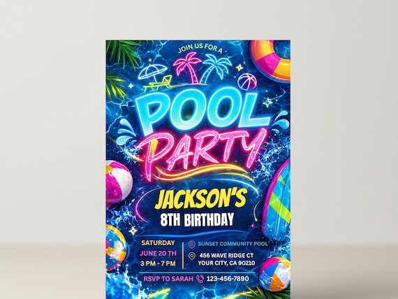 Editable Pool Party Birthday Invitation Neon Glow Swim Invite for Boys Blue Green Pool Birthday Canva Template Digital Download Evite Boy