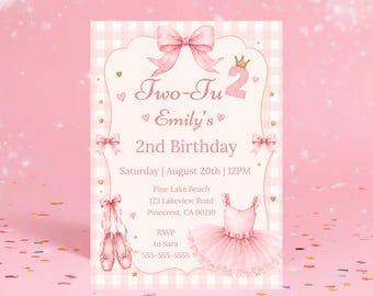 Invitación de cumpleaños número 2 con tutú rosa, bailarina para niña de 2 años, plantilla digital de Canva para descargar.