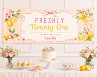 Freshly Age Pink Daisy Birthday Banner Template, Lemon Theme Printable for Canva