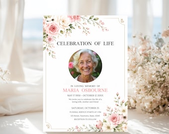 Floral Memorial Service Template, Celebration of Life Invitation, Editable Canva Funeral Invite with Photo