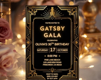 Gatsby Gala Invitation, Gatsby 1920s Roaring 20s Theme Black and Gold Invite, 30th 40th 50th Birthday Editable Canva Template