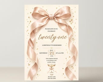 Invito per il 21° compleanno Dusty Pink Coquette, Invito per il 30° compleanno Pink Bow Tini Bit Older, Invito per il 18°, 20°, 21°, 25°, 30° compleanno Canva Template