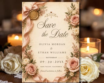 Vintage Save the Date Romantic Wedding Invitation, Rustic Save the Date Invite Digital Download