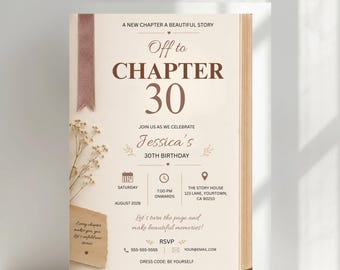 Invito di compleanno per amanti dei libri, "Verso il prossimo capitolo", invito di compleanno a tema "Un nuovo libro a capitoli", invito di compleanno per un compleanno importante, modificabile per qualsiasi età su Canva
