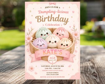 Invito per festa di compleanno con gnocchi glitterati, stile kawaii e squishy, festa di compleanno per bambina con fiori rosa neon e beige, gnocchi squishy, modello Canva