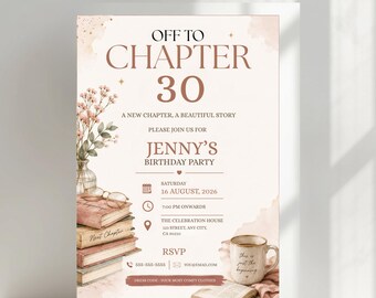 Si parte per il capitolo 30! Invito per il trentesimo compleanno, tema "Un nuovo capitolo del libro", invito per il trentesimo compleanno, compleanno importante, modificabile per qualsiasi età su Canva