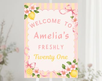 Welcome Sign Freshly Age Pink Yellow Stripes Floral Template, Editable on Canva, Printable Freshly 21 Welcome Sign