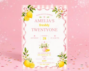 Freshly 21 Birthday Invitation Pink Daisy Theme 21st Birthday Party Invite Lemon Summer Girl Pink Stripes Any Age Printable Template