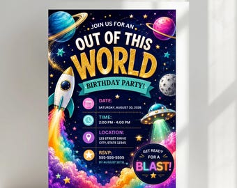 Invito per festa di compleanno a tema spaziale "Spazio extraterrestre con razzo", "Pianeta Galassia Spazio Esterno Astronauta", modello Canva modificabile