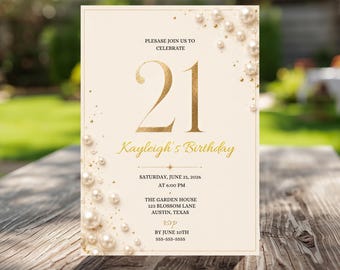 Invito per il 21° compleanno con perle color oro rosa, beige e avorio, invito per la festa del 21° compleanno di una ragazza, modello digitale modificabile su Canva.