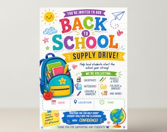 Volantino modificabile per la raccolta di materiale scolastico, invito per il ritorno a scuola, iniziativa della comunità locale, ritorno a scuola, invito tramite volantino, modello Canva