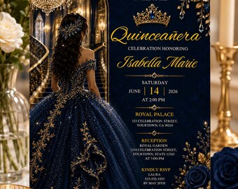 Under the stars Quinceañera Invitation Royal Navy Blue, Gold Elegant Canva Template, Sweet 15 Invite, Quinceanera Invite, Mis Quince Anos