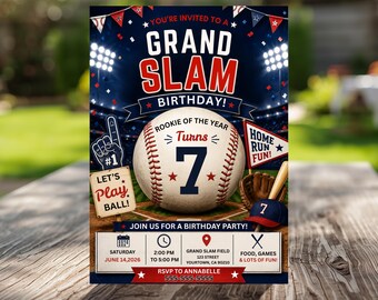 Invito di compleanno a tema baseball per il Grande Slam, invito per festa sportiva, invito di compleanno a tema baseball per qualsiasi età, modello Canva modificabile