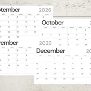 Puede incluir: Un conjunto de cuatro páginas de calendario mensual para septiembre, octubre, noviembre y diciembre de 2026. Cada página presenta un diseño de cuadrícula limpio en blanco y negro con títulos de mes en negrita y fechas numéricas claras.