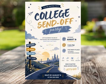 Modello di invito modificabile per la festa di addio al college, invito per la festa di addio all'università su Canva, download digitale immediato
