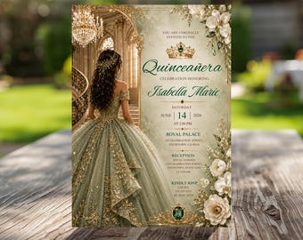 Editable Sage Green Gold Quinceañera Invitation, Mis Quince, Quinceanera Invite, Sweet 15 Floral Design invitation, Mis Quince Anos